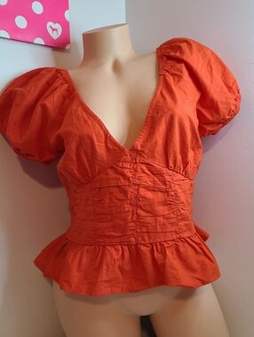 Sim & Sam Cotton Ruffle Puff Sleeve Peplum Top Size XL Paolina